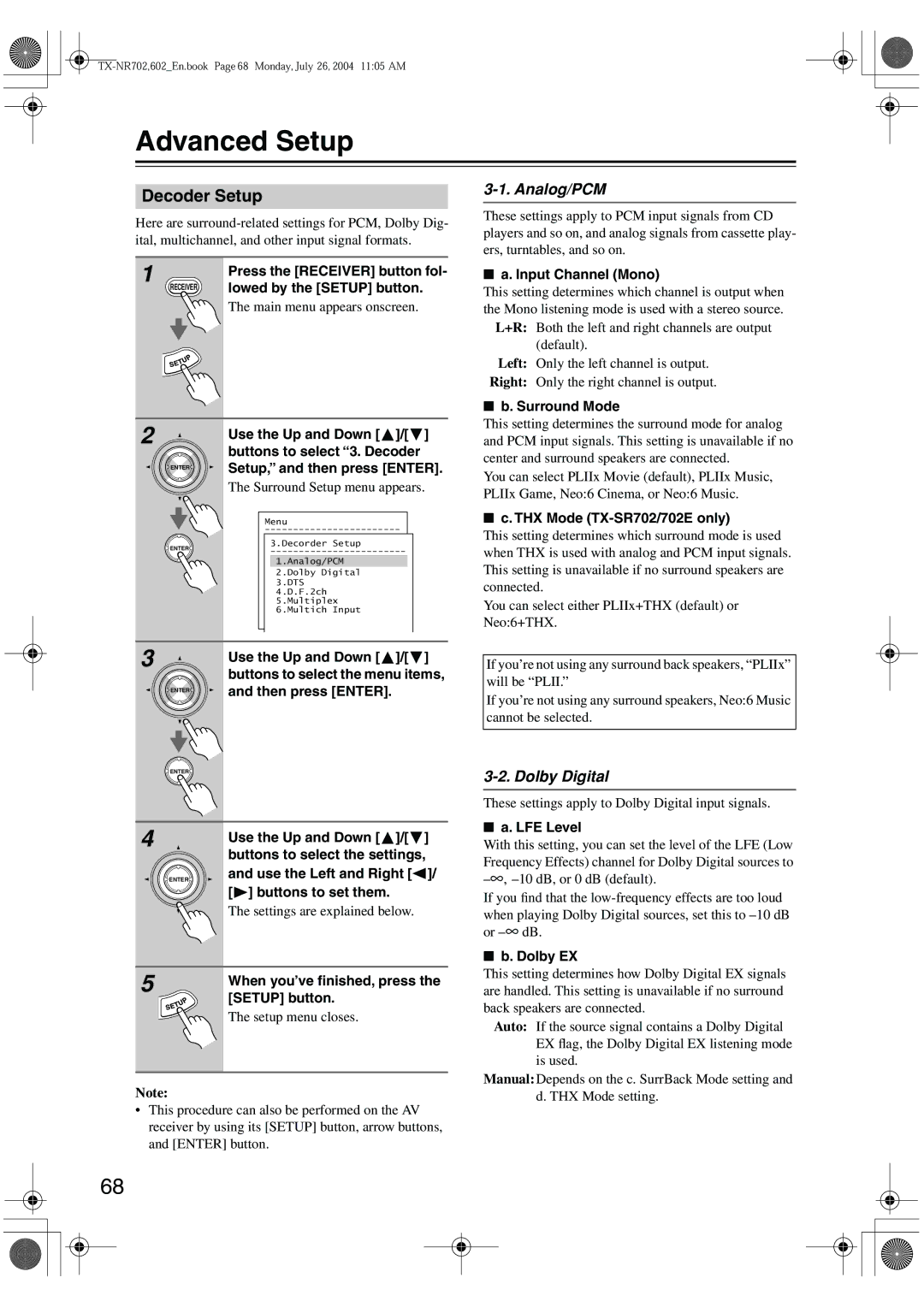 Onkyo TX-SR8260, TX-SR602/602E, TX-SR702/702E instruction manual Advanced Setup, Decoder Setup, Analog/PCM, Dolby Digital 