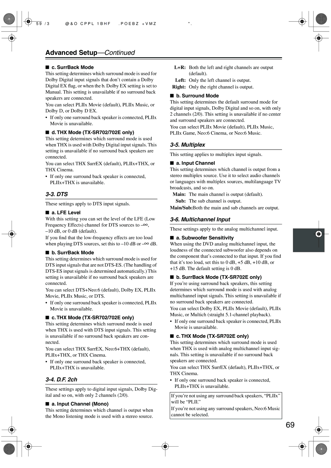 Onkyo TX-SR602/602E, TX-SR702/702E, TX-SR8260 instruction manual Advanced Setup, Dts, D.F ch, Multiplex, Multichannel Input 