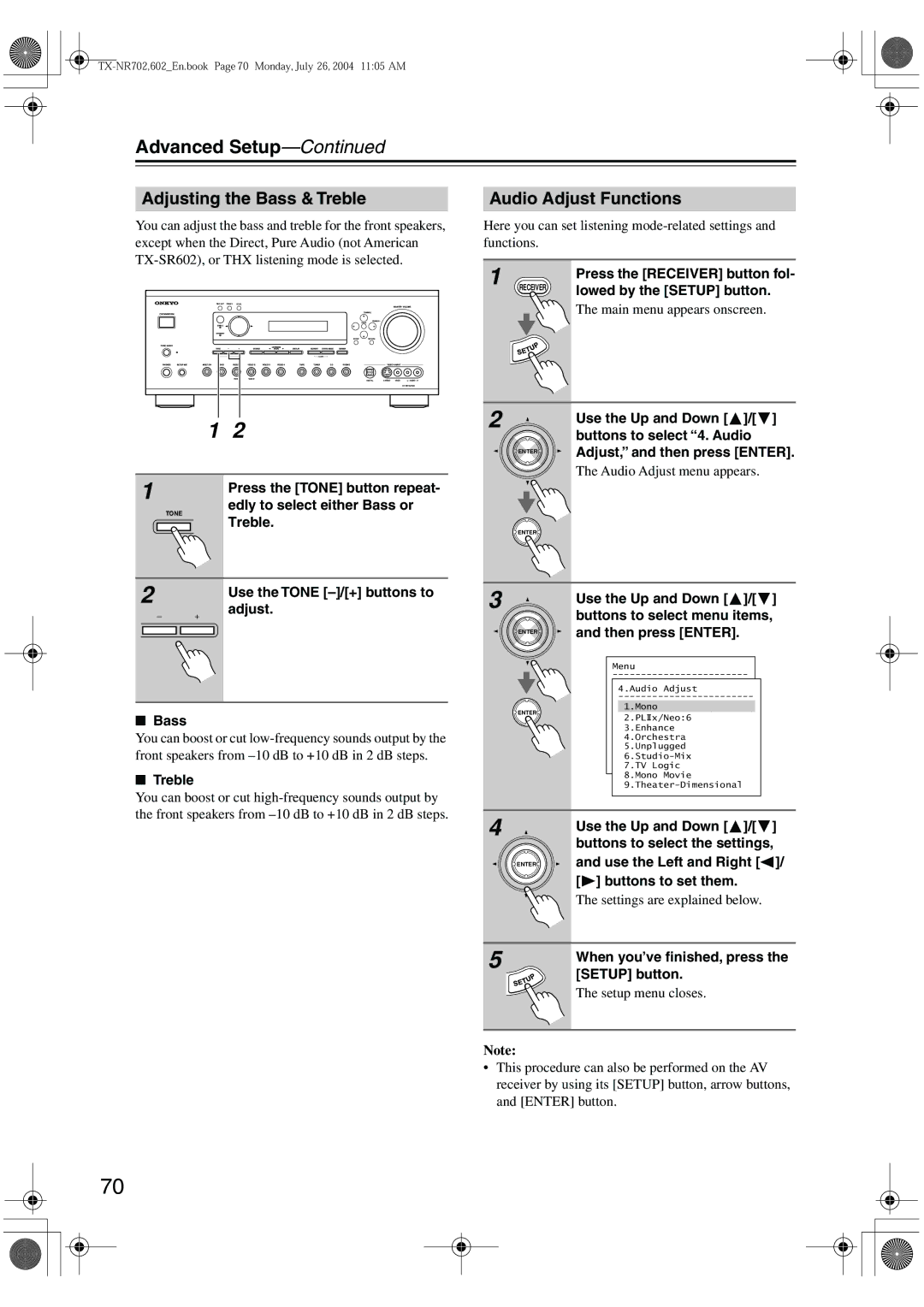 Onkyo TX-SR702/702E, TX-SR602/602E, TX-SR8260 instruction manual Adjusting the Bass & Treble, Audio Adjust Functions 