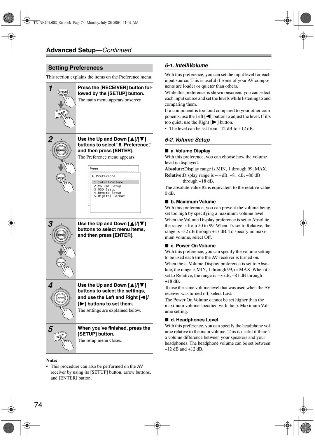 Onkyo TX-SR8260, TX-SR602/602E, TX-SR702/702E instruction manual Setting Preferences, IntelliVolume, Volume Setup 