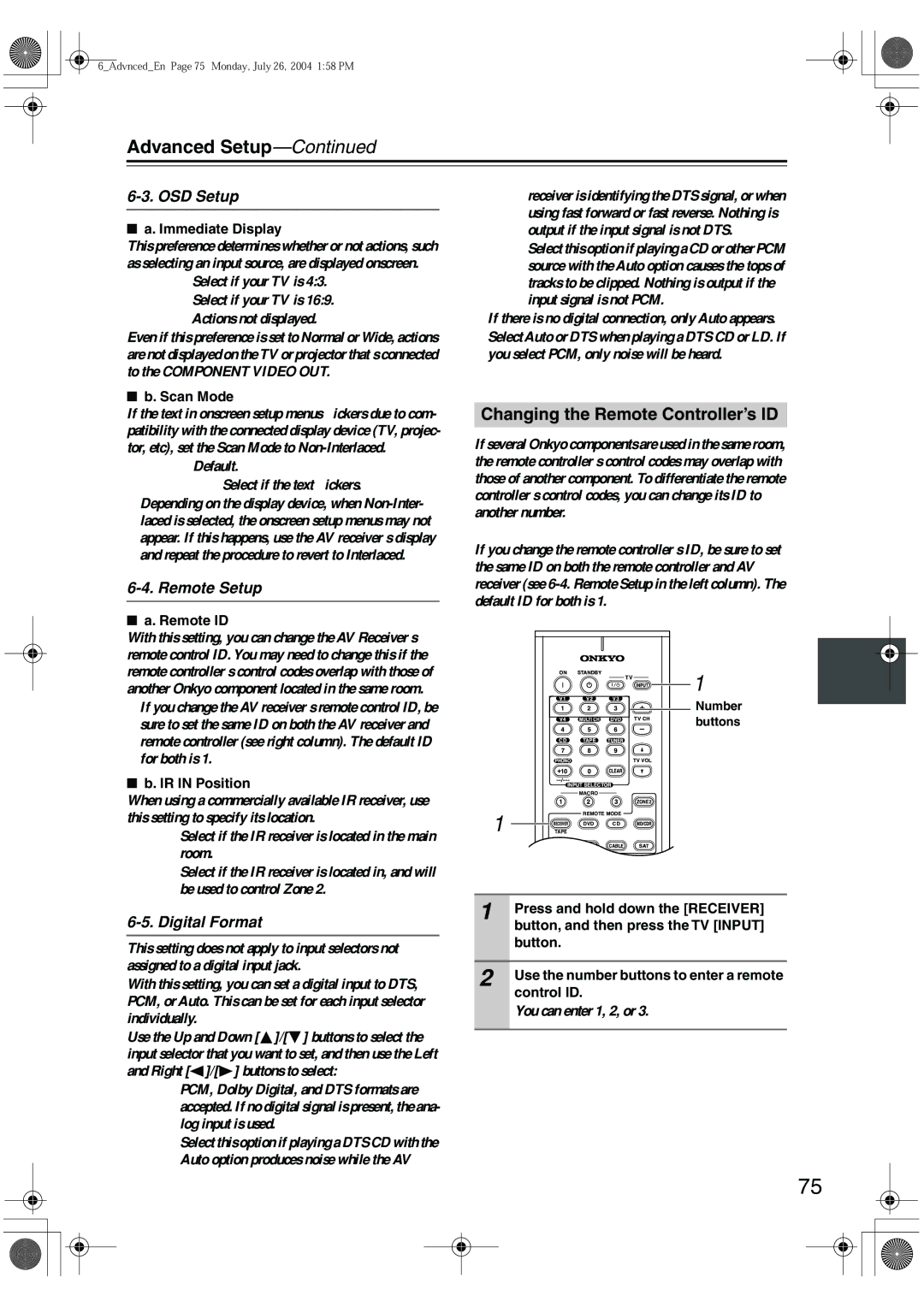 Onkyo TX-SR602/602E, TX-SR702/702E, TX-SR8260 Changing the Remote Controller’s ID, OSD Setup, Remote Setup, Digital Format 
