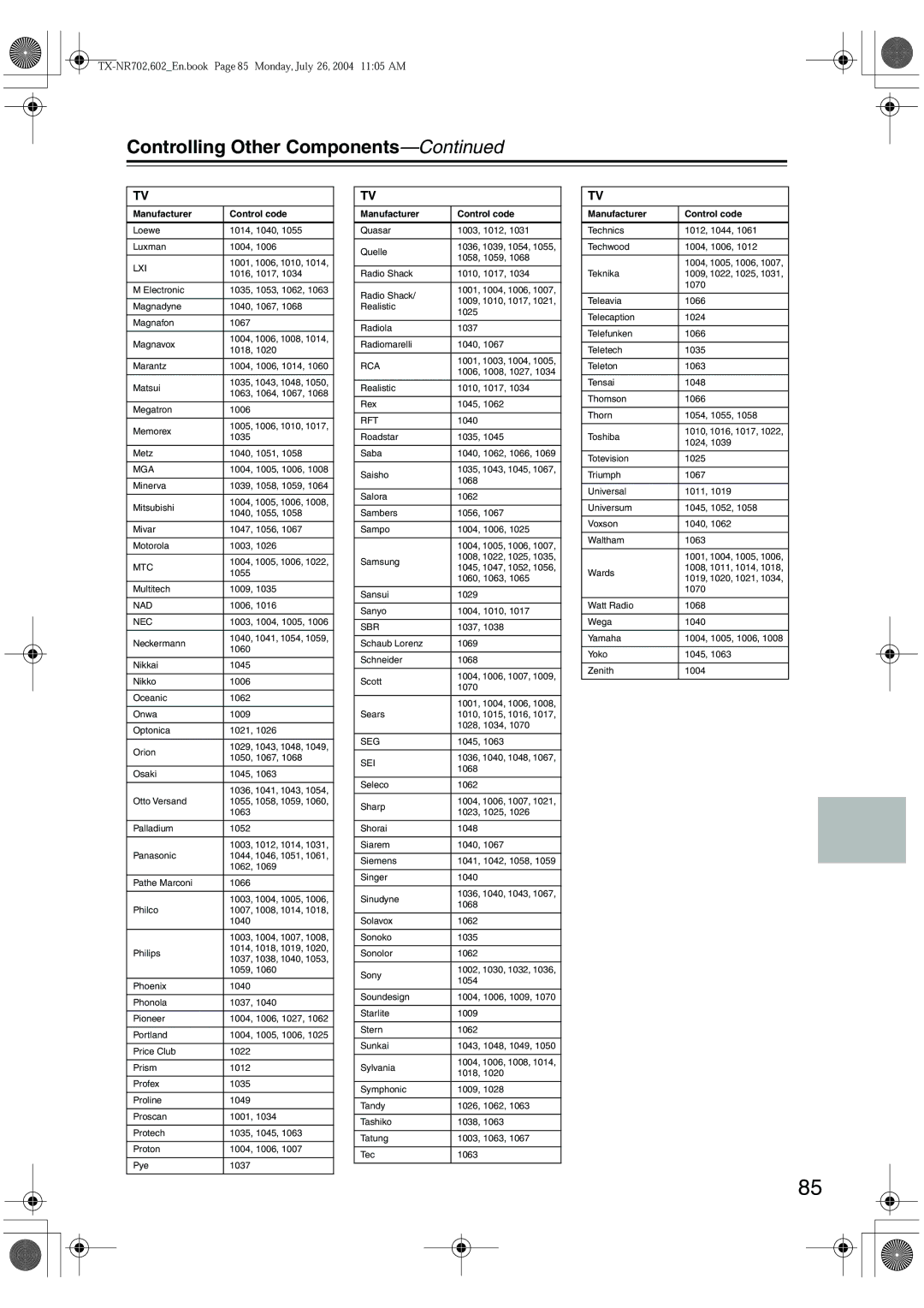 Onkyo TX-SR702/702E, TX-SR602/602E, TX-SR8260 instruction manual TX-NR702,602En.book Page 85 Monday, July 26, 2004 1105 AM 