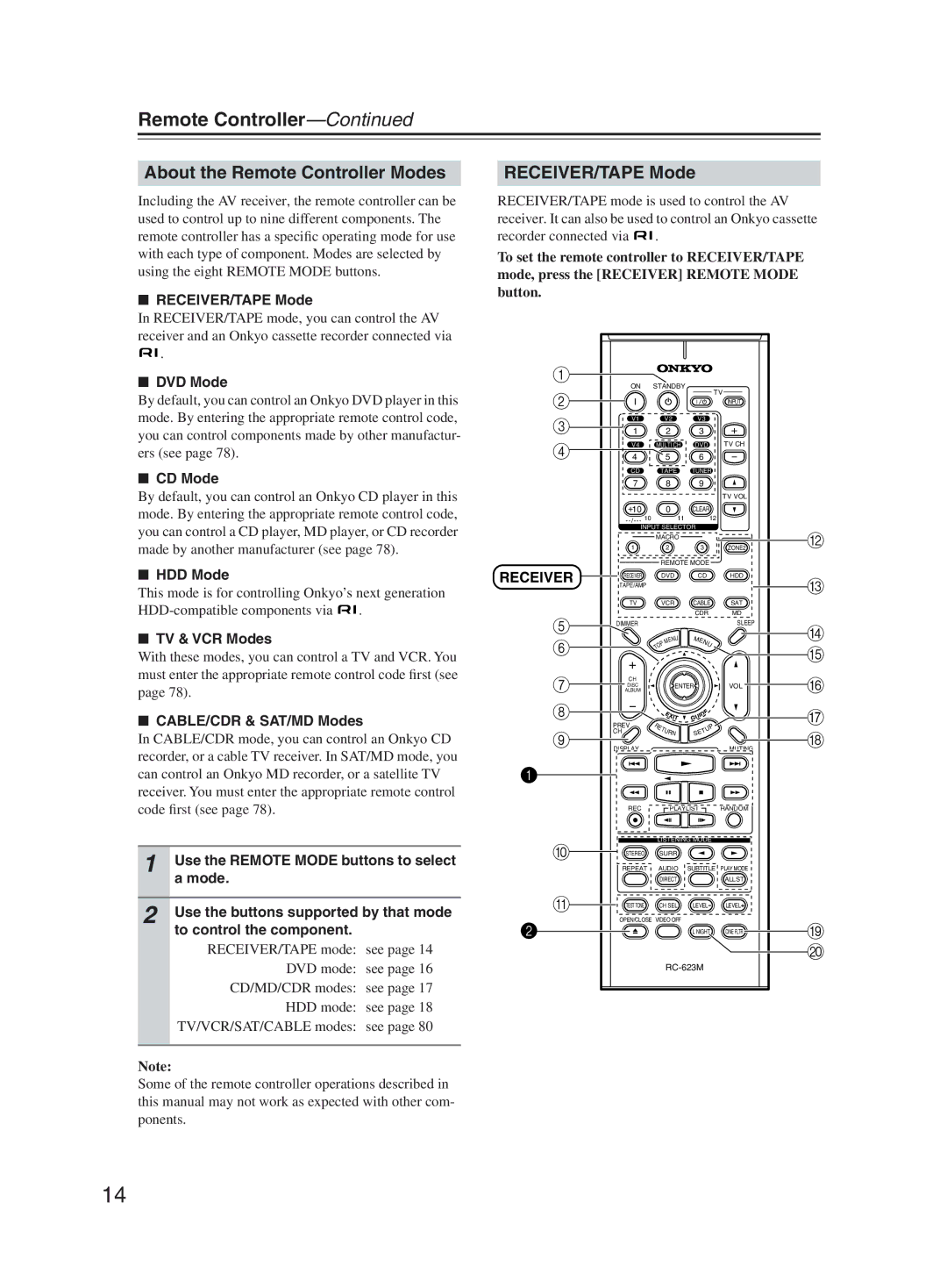 Onkyo TX-SR603X instruction manual About the Remote Controller Modes, RECEIVER/TAPE Mode 