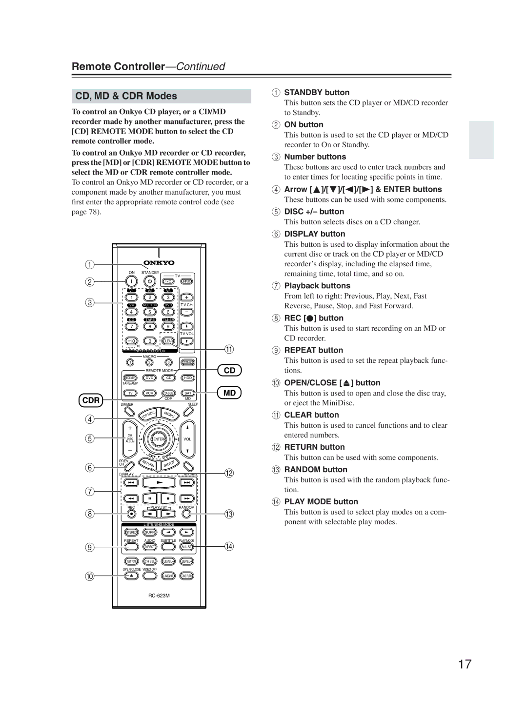 Onkyo TX-SR603X instruction manual CD, MD & CDR Modes, This button sets the CD player or MD/CD recorder to Standby 