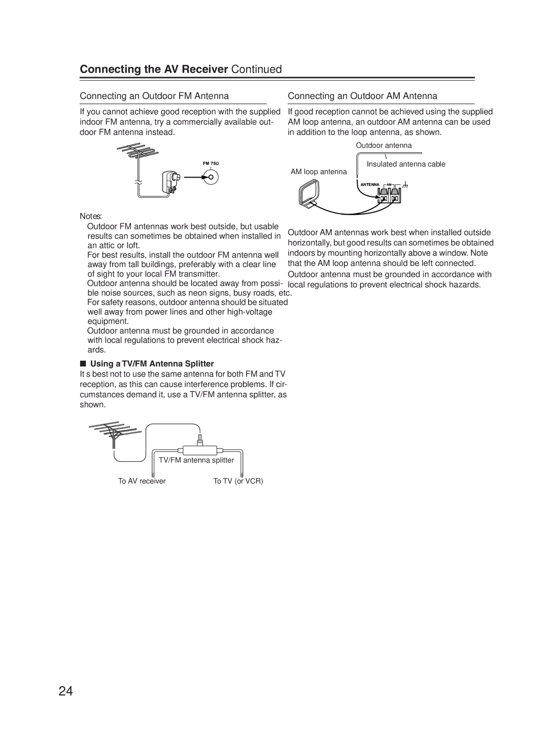 Onkyo TX-SR603X Connecting an Outdoor FM Antenna, Connecting an Outdoor AM Antenna, Using a TV/FM Antenna Splitter 