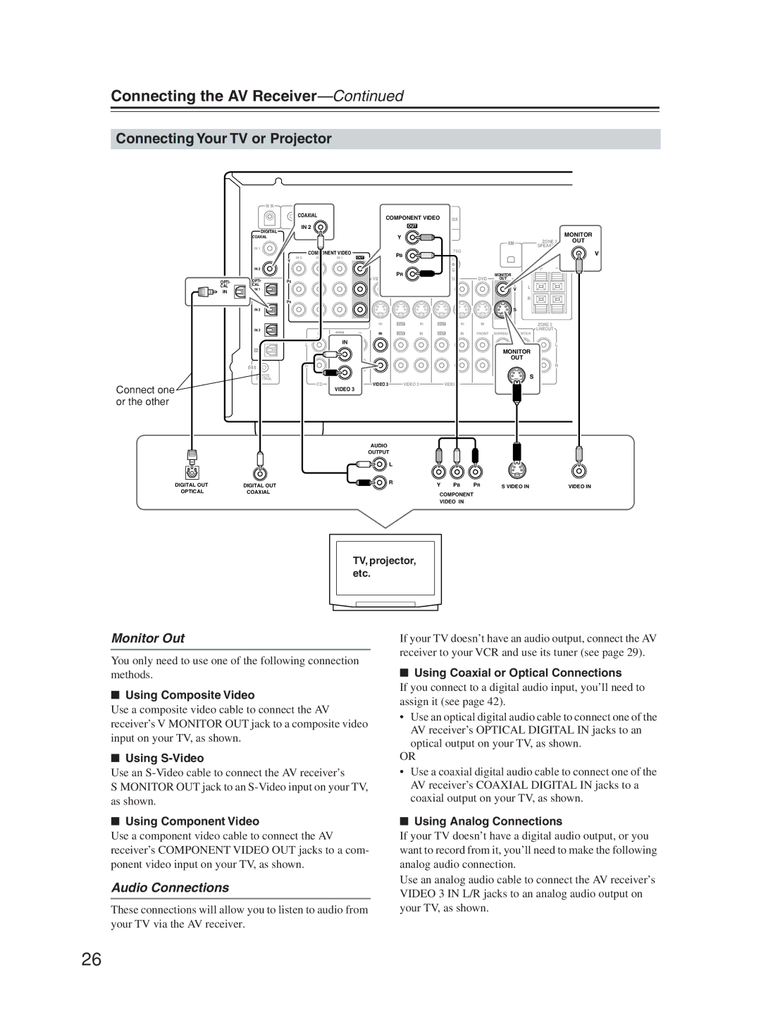 Onkyo TX-SR603X instruction manual Connecting Your TV or Projector, Monitor Out, Audio Connections 