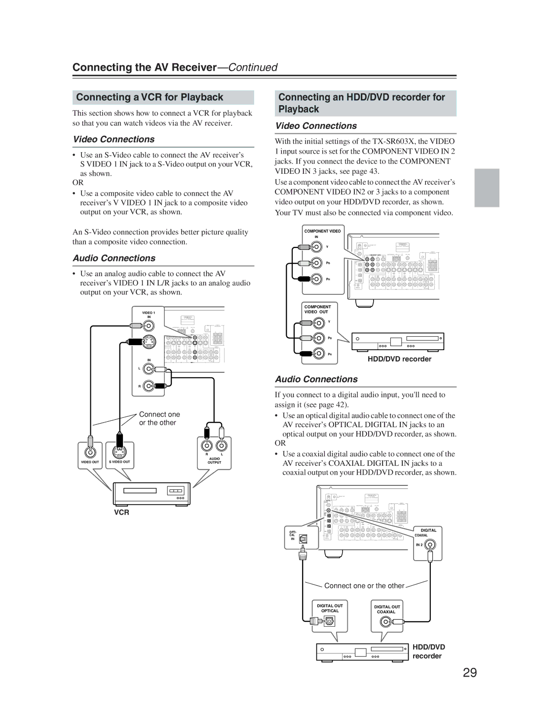 Onkyo TX-SR603X instruction manual Connecting a VCR for Playback, Connecting an HDD/DVD recorder for Playback 