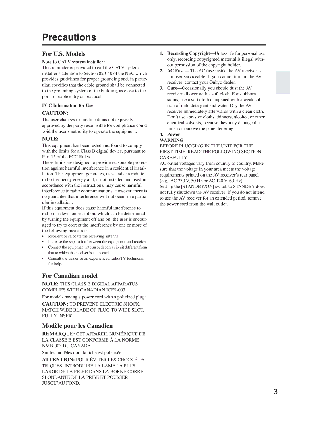 Onkyo TX-SR603X Precautions, FCC Information for User, For models having a power cord with a polarized plug, Power 