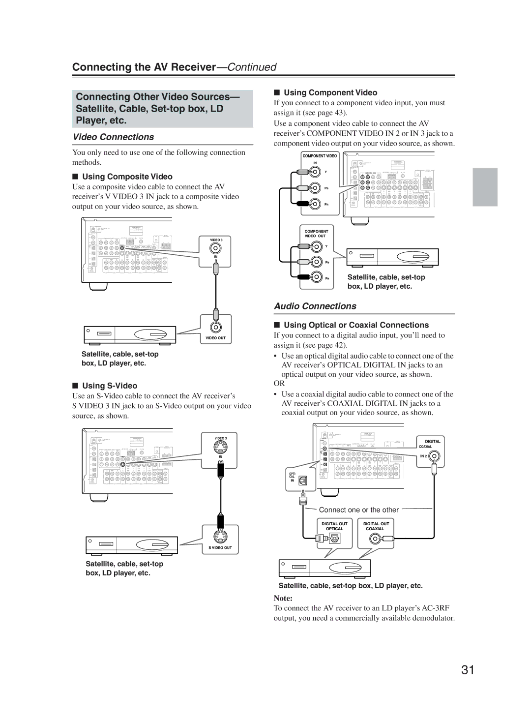 Onkyo TX-SR603X instruction manual Using Optical or Coaxial Connections, PRSatellite, cable, set-top box, LD player, etc 