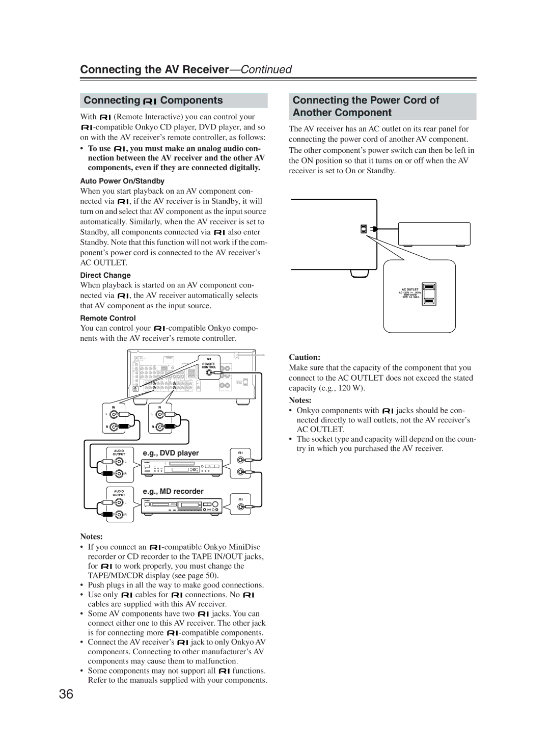 Onkyo TX-SR603X instruction manual Connecting Components, Connecting the Power Cord of Another Component 