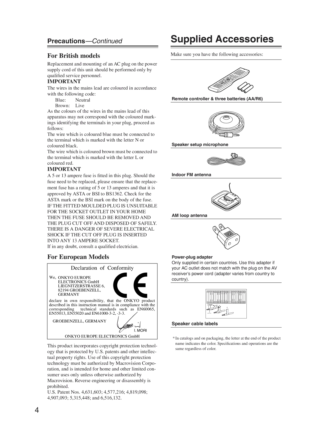 Onkyo TX-SR603X Supplied Accessories, Precautions, If in any doubt, consult a qualiﬁed electrician, Speaker cable labels 