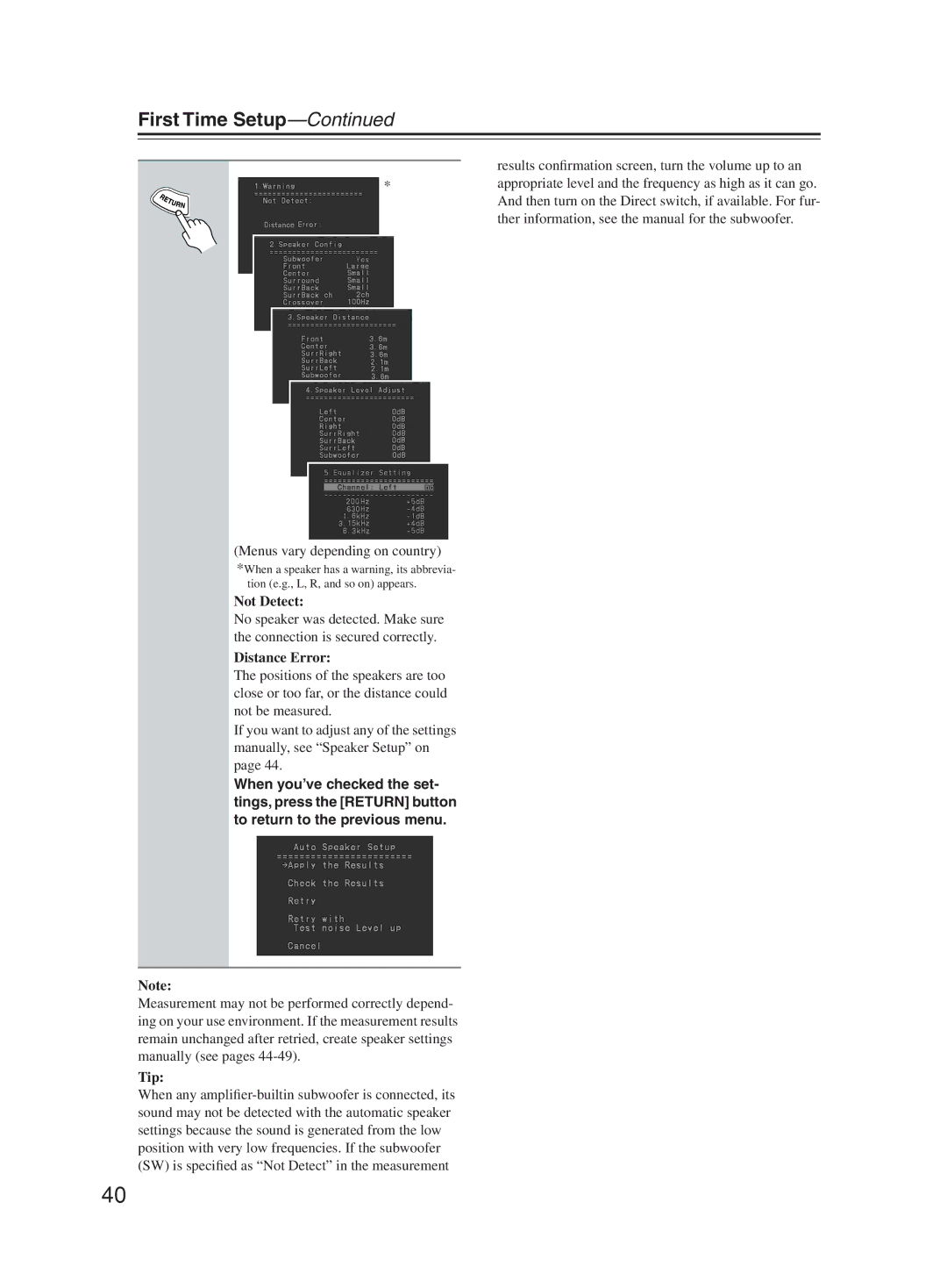 Onkyo TX-SR603X instruction manual Menus vary depending on country, Not Detect, Distance Error, Tip 