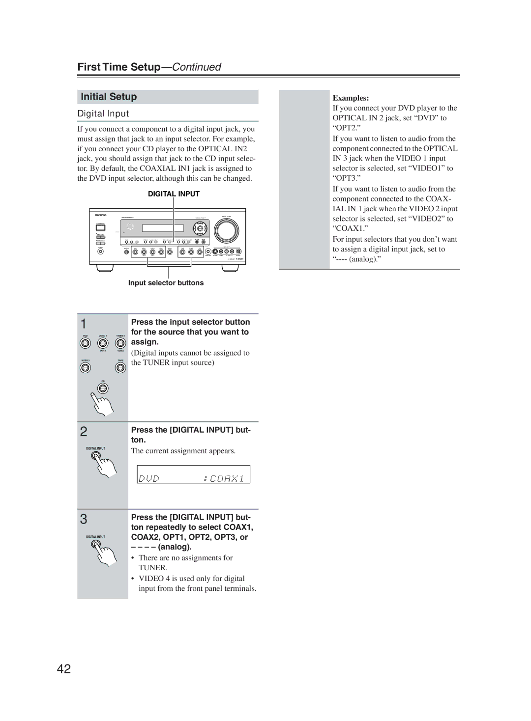 Onkyo TX-SR603X instruction manual Initial Setup, Digital Input 