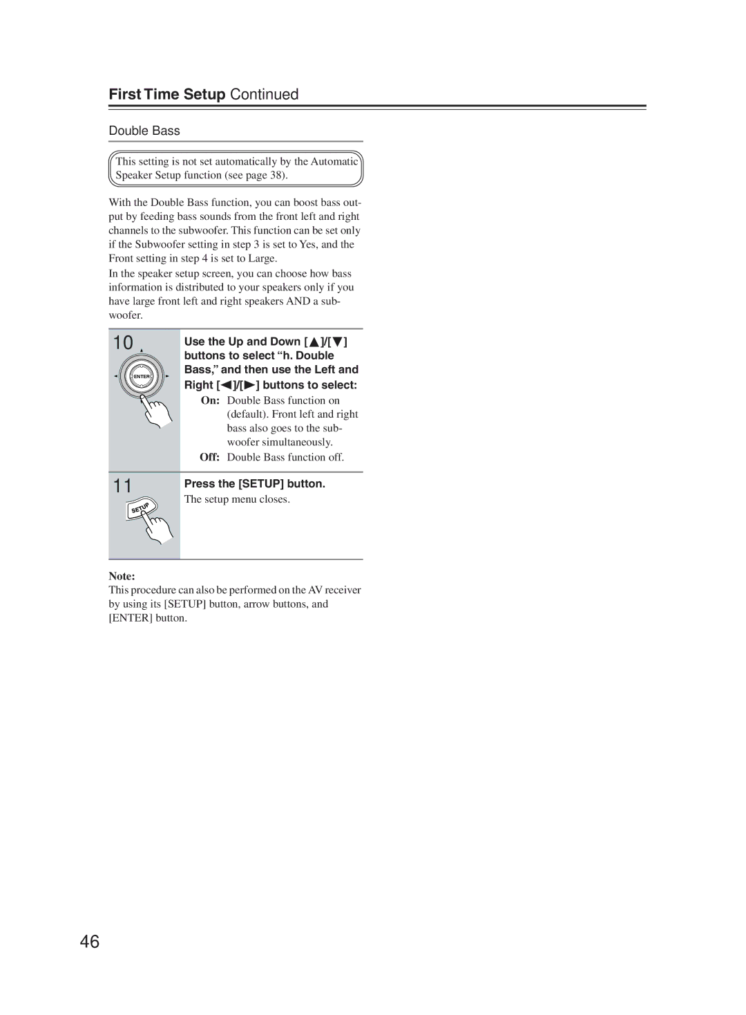 Onkyo TX-SR603X instruction manual Double Bass, Buttons to select h. Double, Bass, and then use the Left, Setup menu closes 