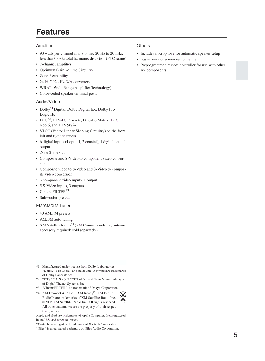 Onkyo TX-SR603X instruction manual Features, Ampliﬁer, Audio/Video, FM/AM/XM Tuner, Others 