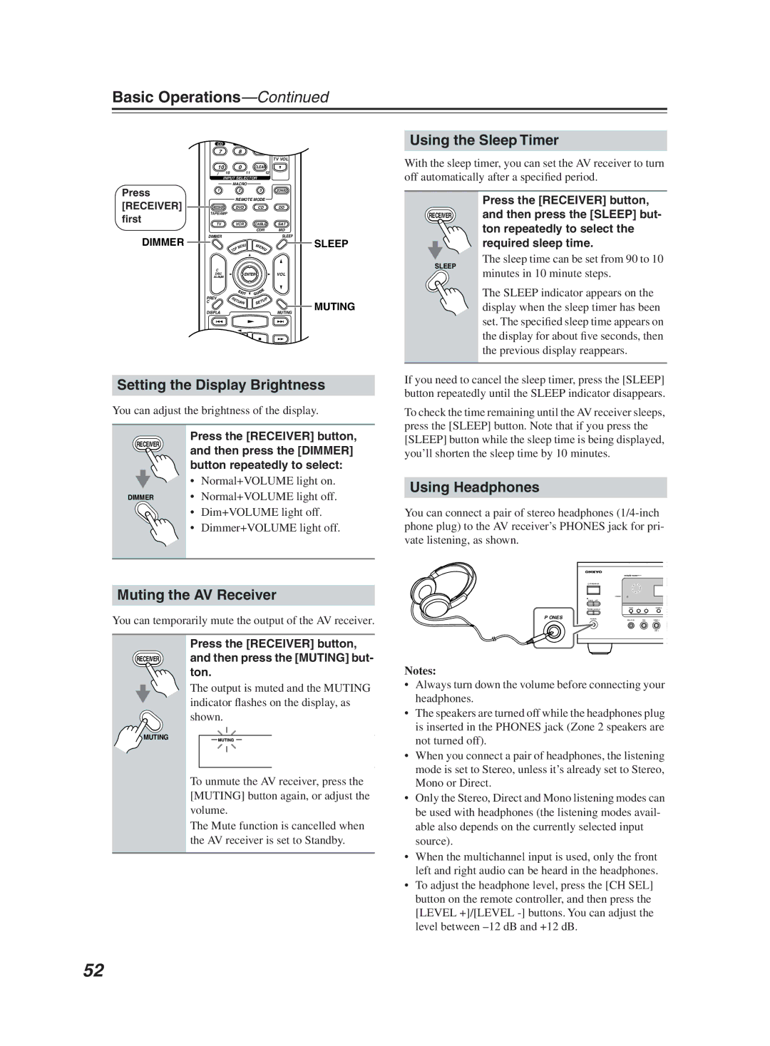 Onkyo TX-SR603X Basic Operations, Setting the Display Brightness, Using the Sleep Timer, Using Headphones 