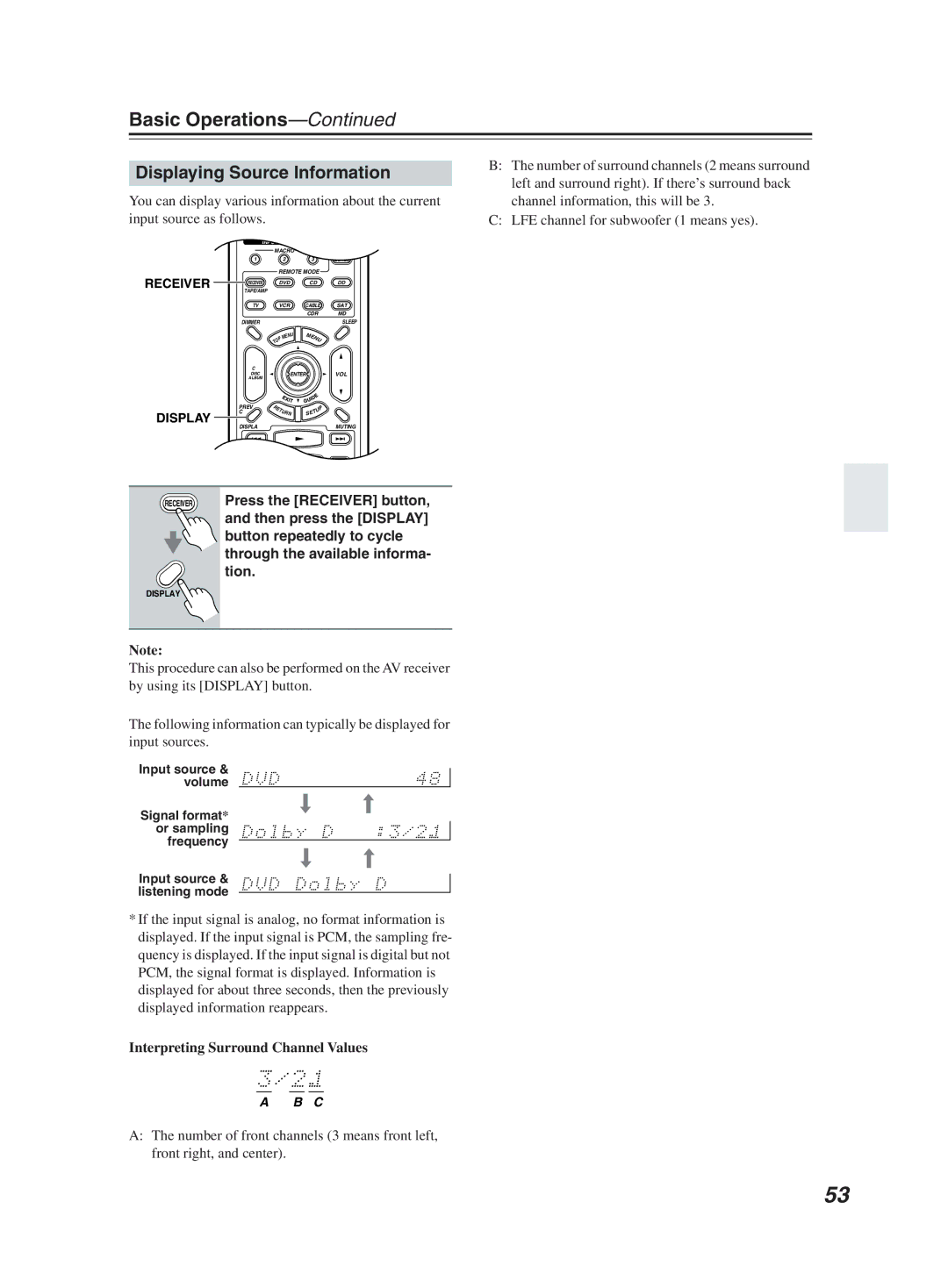 Onkyo TX-SR603X instruction manual Displaying Source Information, Left and surround right. If there’s surround back 