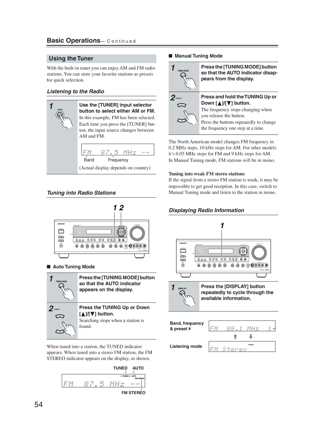 Onkyo TX-SR603X Using the Tuner, Listening to the Radio, Tuning into Radio Stations, Displaying Radio Information 
