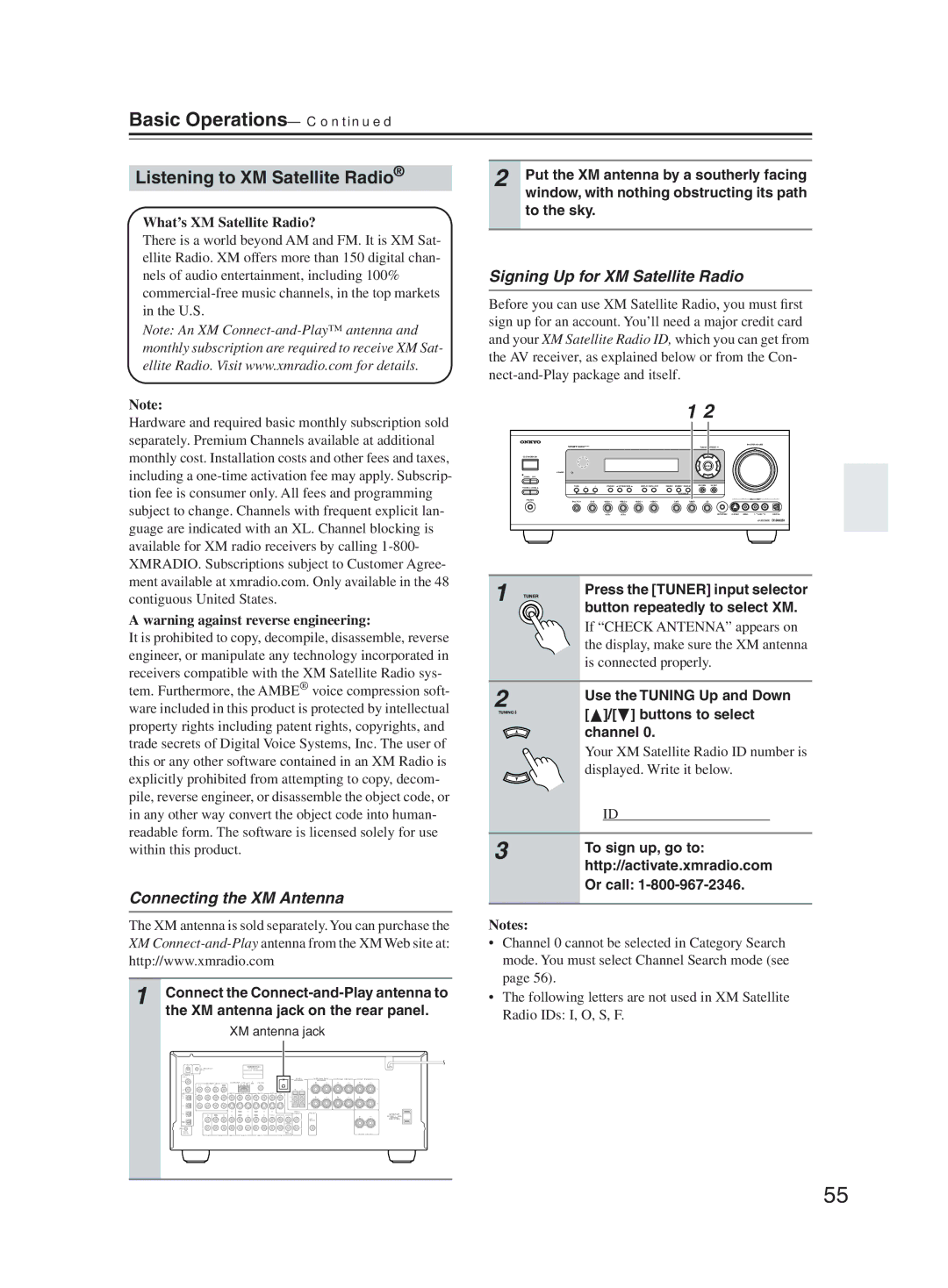 Onkyo TX-SR603X Listening to XM Satellite Radio, Connecting the XM Antenna, Signing Up for XM Satellite Radio 