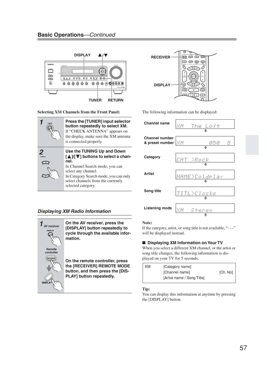 Onkyo TX-SR603X Displaying XM Radio Information, Selecting XM Channels from the Front Panel, Buttons to select a chan, Nel 