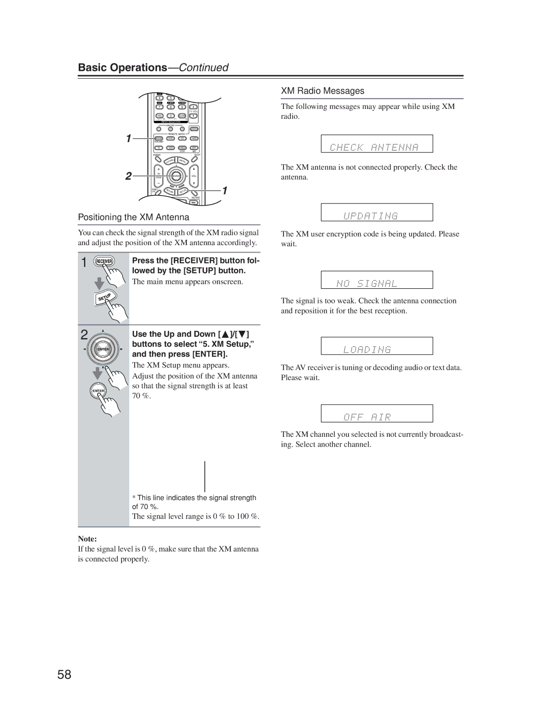 Onkyo TX-SR603X instruction manual XM Radio Messages, Positioning the XM Antenna 