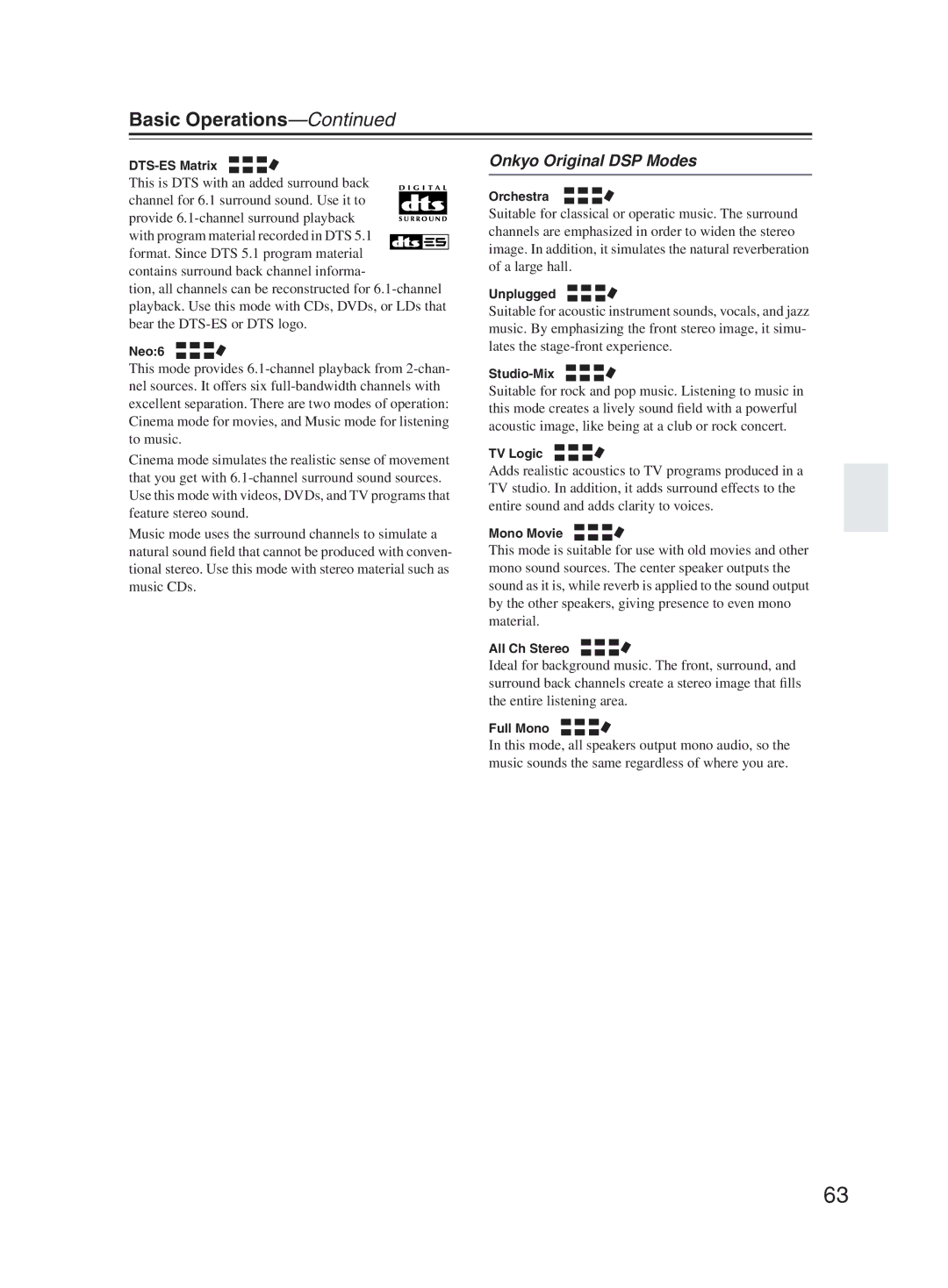 Onkyo TX-SR603X instruction manual Onkyo Original DSP Modes 