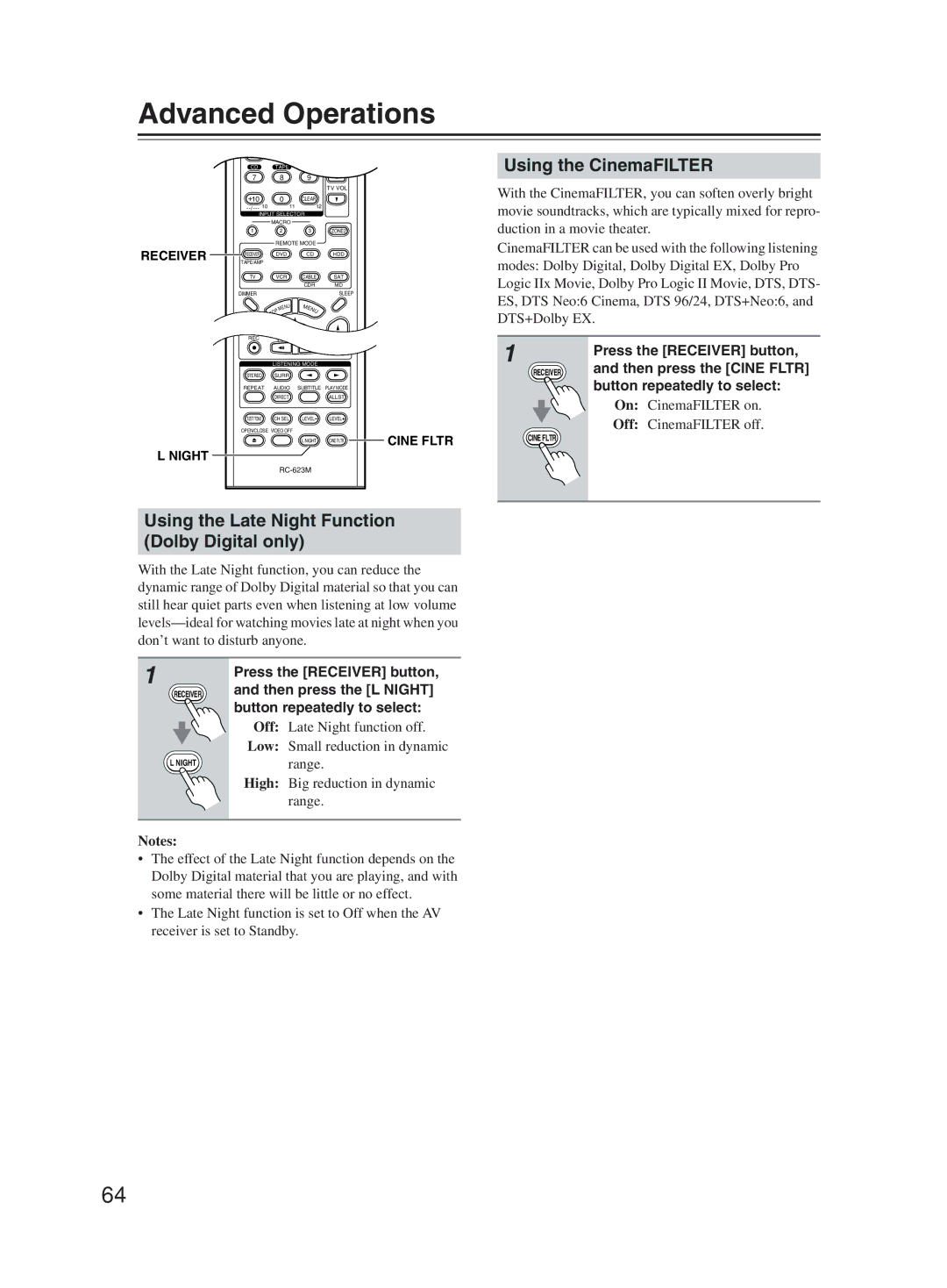 Onkyo TX-SR603X Advanced Operations, Using the Late Night Function Dolby Digital only, Using the CinemaFILTER 