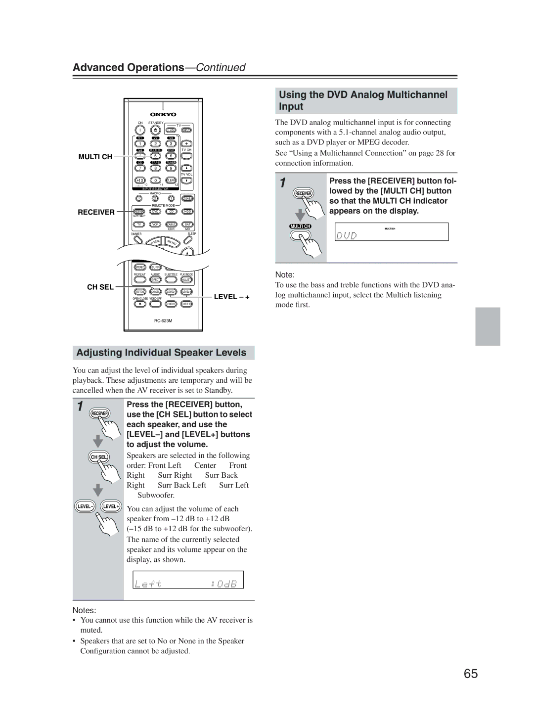 Onkyo TX-SR603X Advanced Operations, Using the DVD Analog Multichannel, Input, Adjusting Individual Speaker Levels 