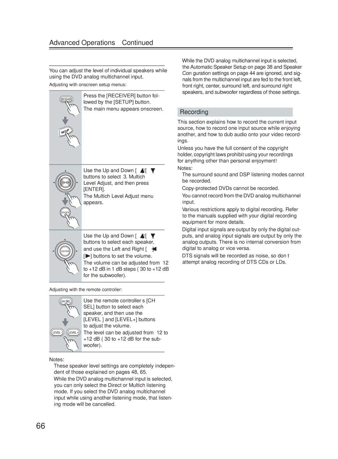 Onkyo TX-SR603X instruction manual Recording, Adjusting Individual Speaker Levels 