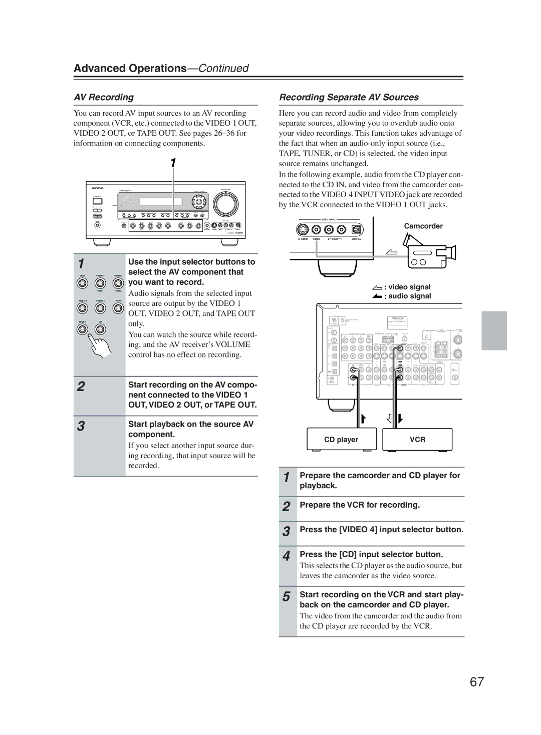 Onkyo TX-SR603X AV Recording Recording Separate AV Sources, Use the input selector buttons to, You want to record 