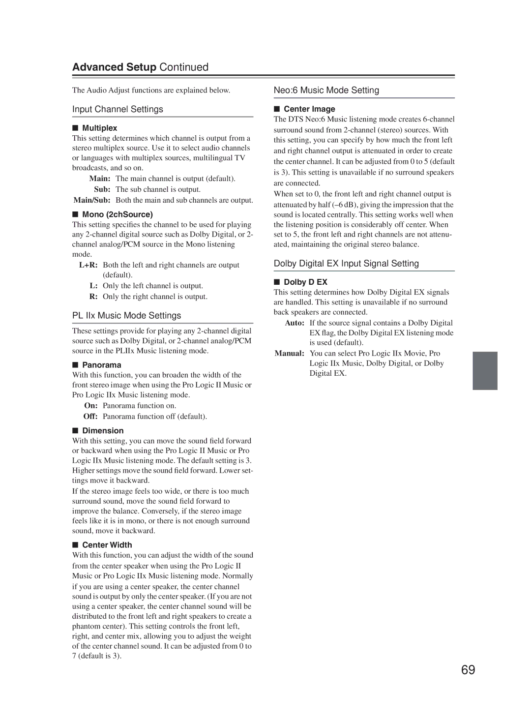 Onkyo TX-SR603X Advanced Setup, Input Channel Settings, PL IIx Music Mode Settings, Neo6 Music Mode Setting 