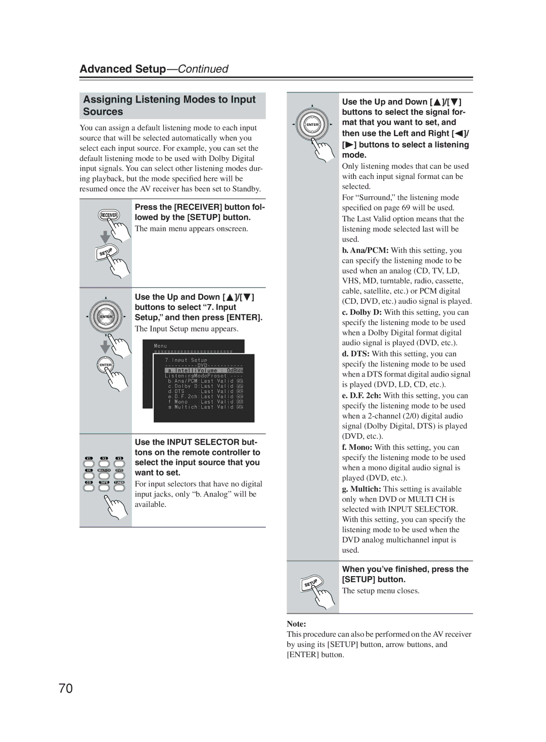 Onkyo TX-SR603X Assigning Listening Modes to Input Sources, Buttons to select 7. Input, Input Setup menu appears 