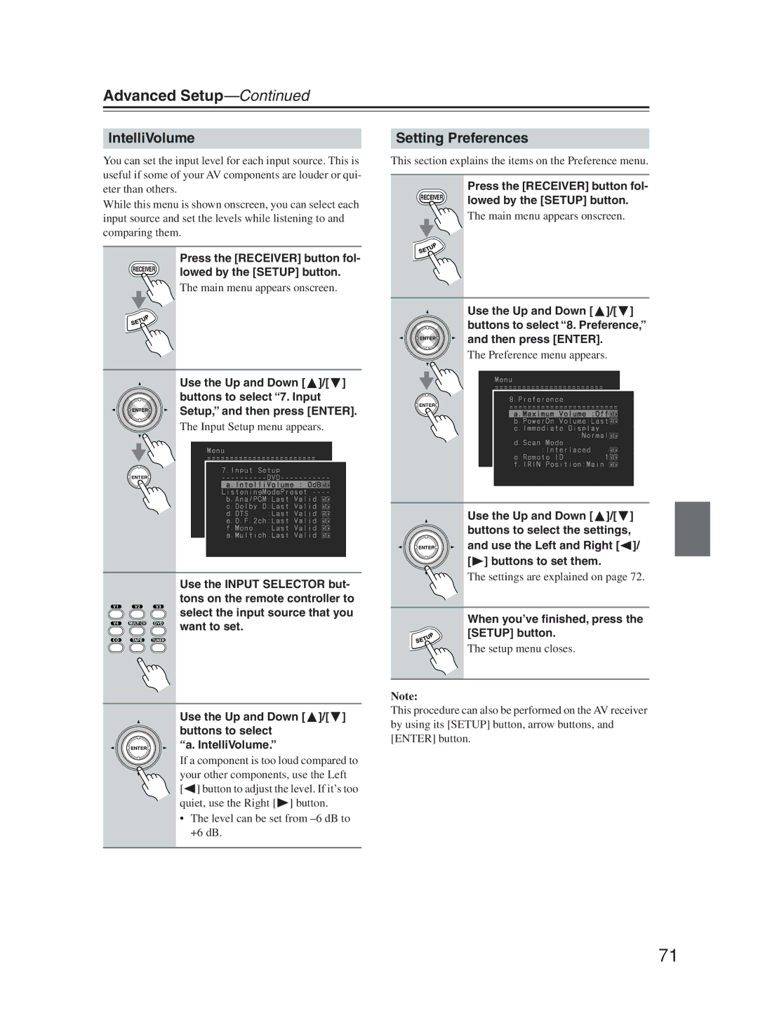 Onkyo TX-SR603X instruction manual IntelliVolume, Setting Preferences, Then press Enter 