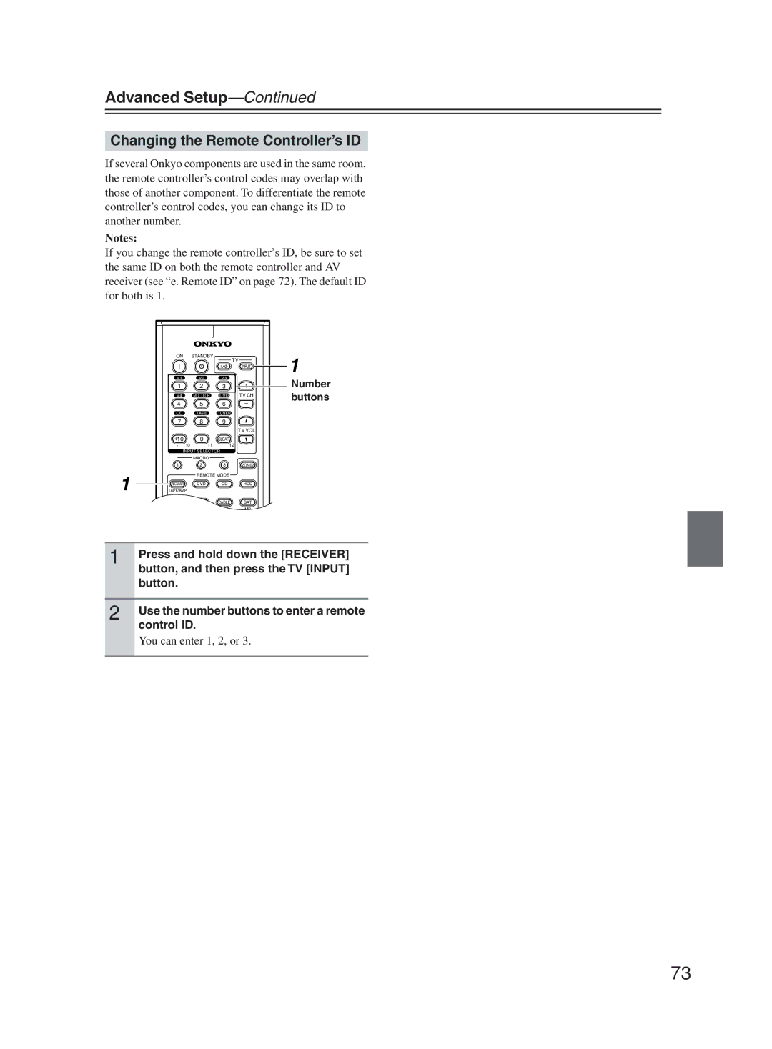 Onkyo TX-SR603X instruction manual Changing the Remote Controller’s ID, You can enter 1, 2, or 