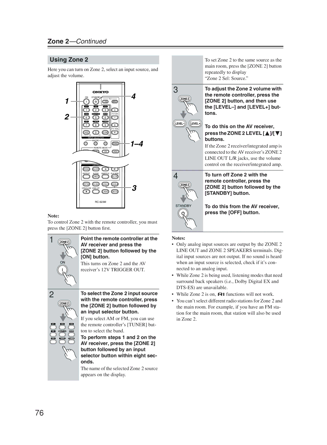 Onkyo TX-SR603X Using Zone, To adjust the Zone 2 volume with, AV receiver and press, To select the Zone 2 input source 