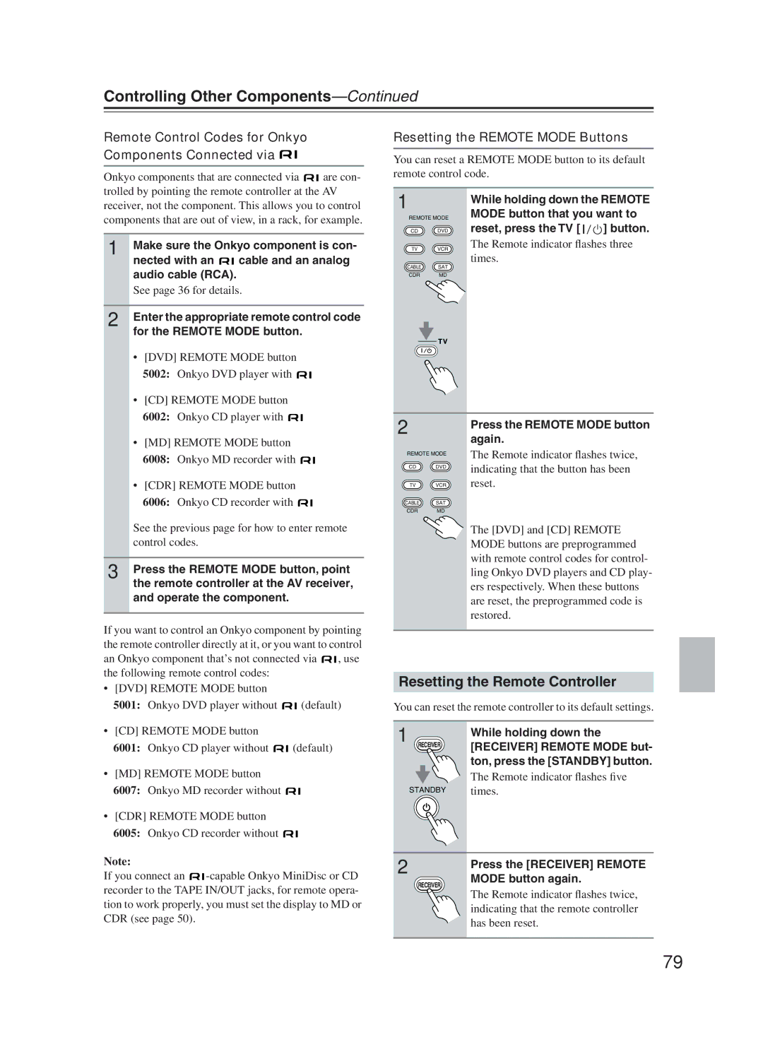 Onkyo TX-SR603X Controlling Other Components, Resetting the Remote Controller, Resetting the Remote Mode Buttons 