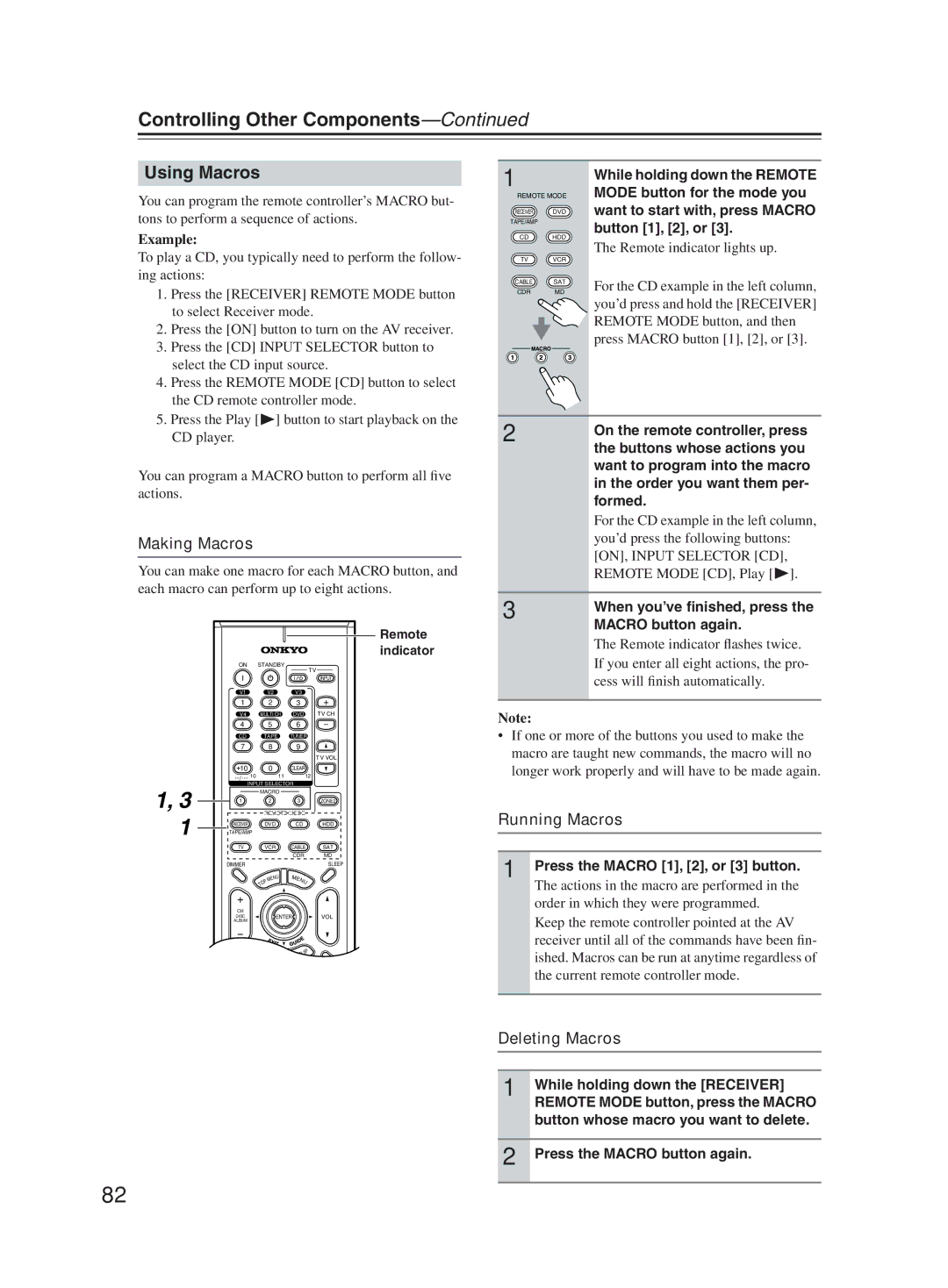 Onkyo TX-SR603X instruction manual Using Macros, Making Macros, Running Macros, Deleting Macros 