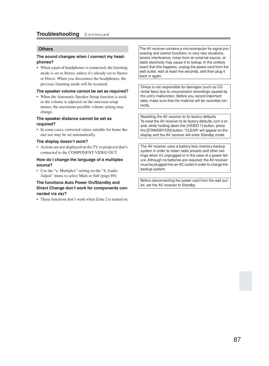 Onkyo TX-SR603X instruction manual Sound changes when I connect my head- phones?, Speaker volume cannot be set as required? 