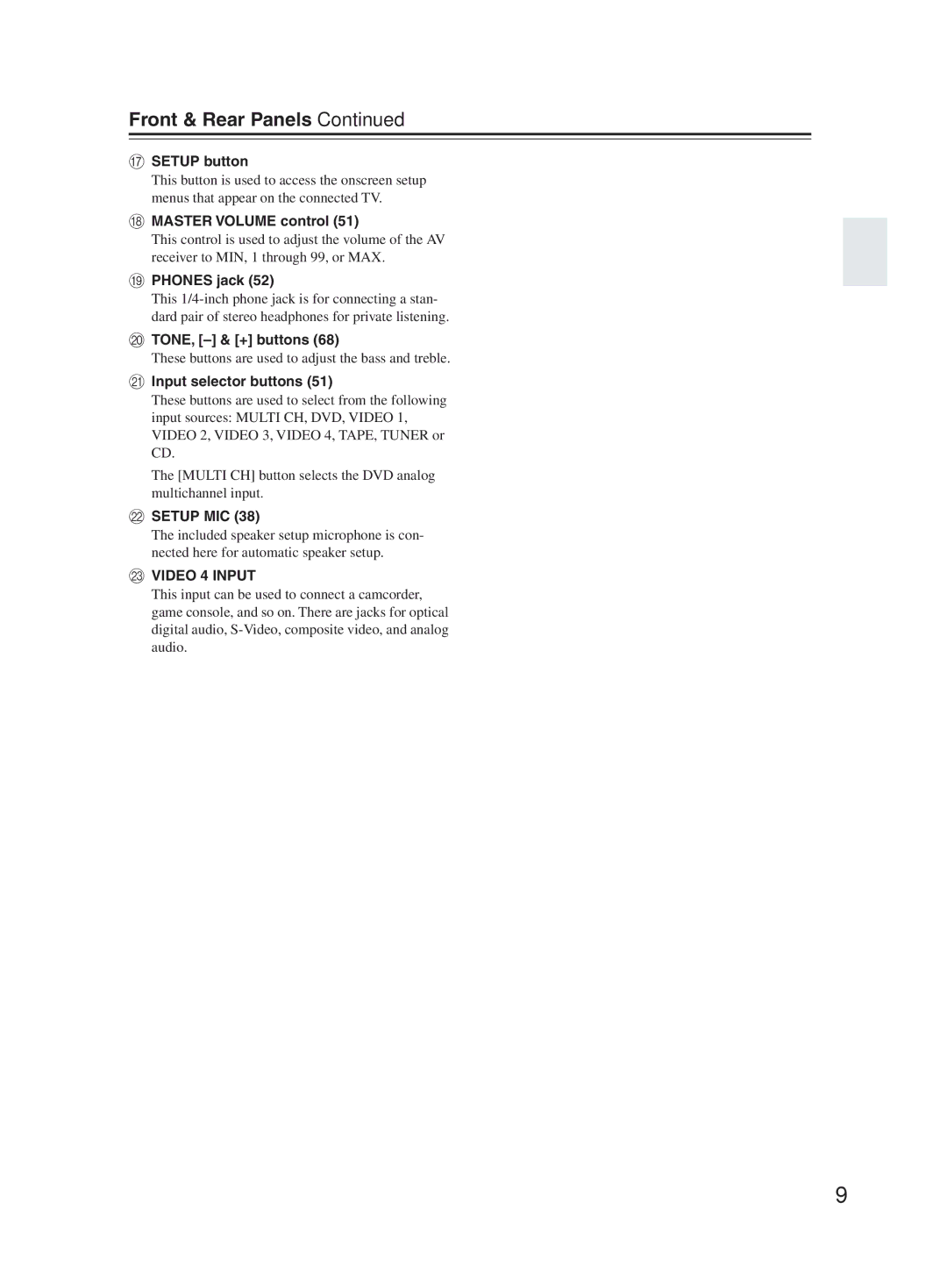 Onkyo TX-SR603X instruction manual Front & Rear Panels 