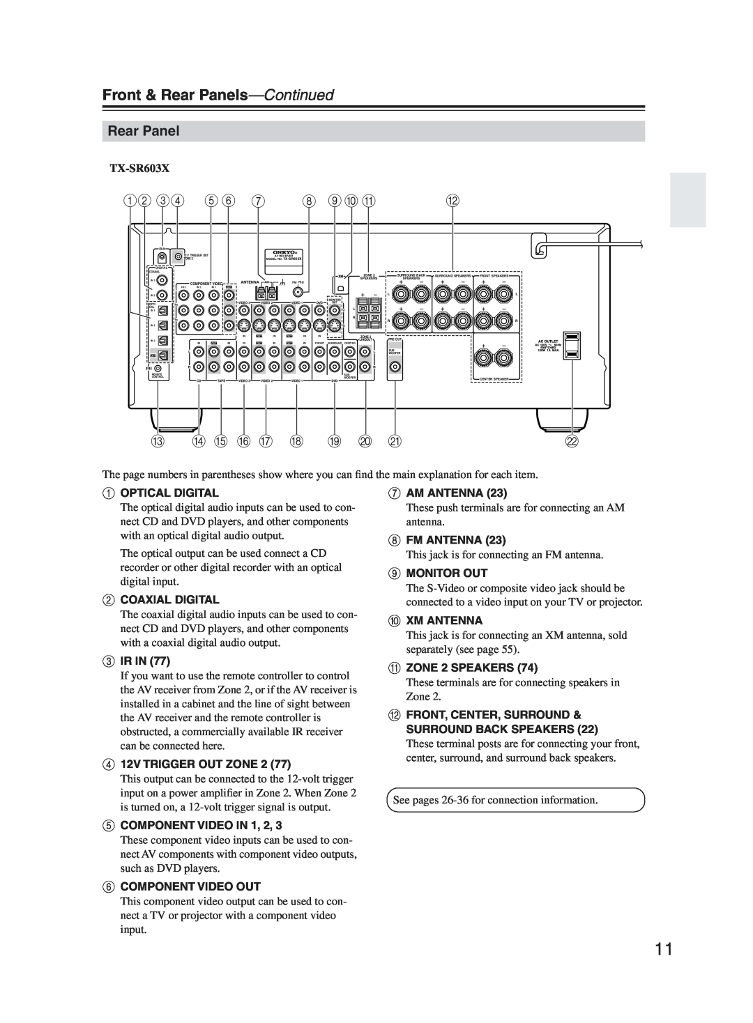 Onkyo TX-SR603X instruction manual Front & Rear Panels—Continued, 1B CD 5 6 G H 9 J K, M N O P Q R, S T U 