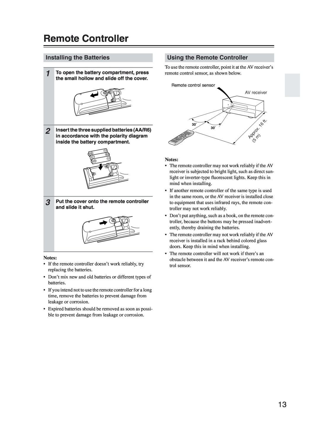 Onkyo TX-SR603X instruction manual Installing the Batteries, Using the Remote Controller, Notes 