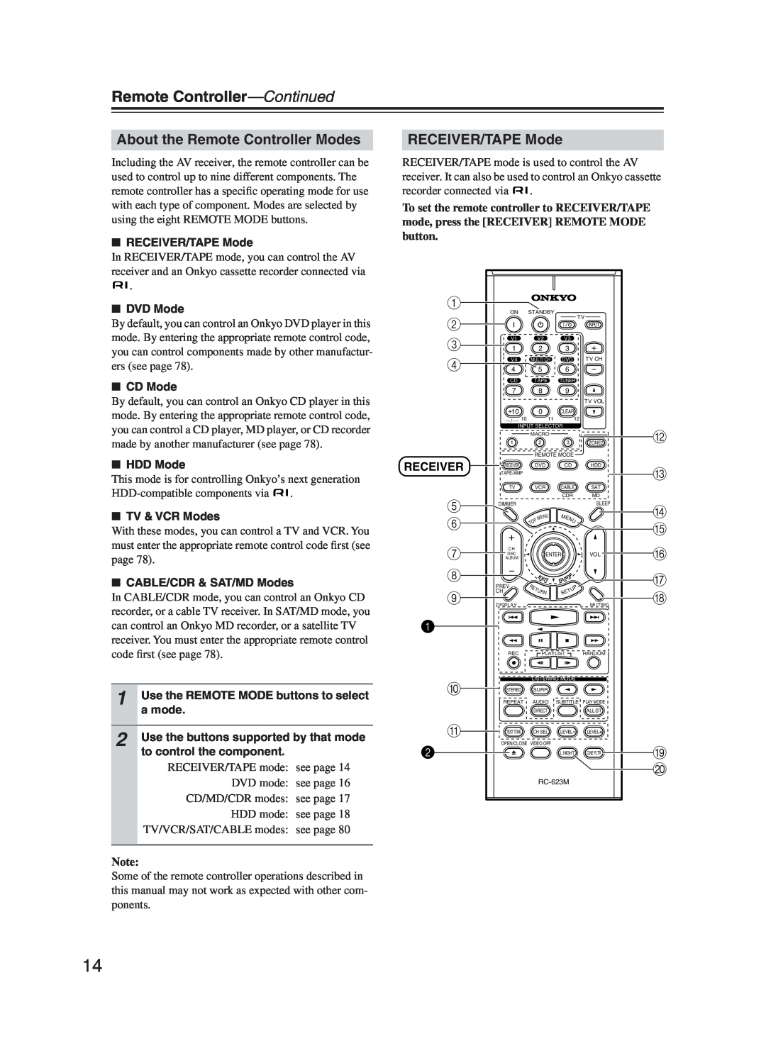 Onkyo TX-SR603X instruction manual Remote Controller—Continued, About the Remote Controller Modes, RECEIVER/TAPE Mode 