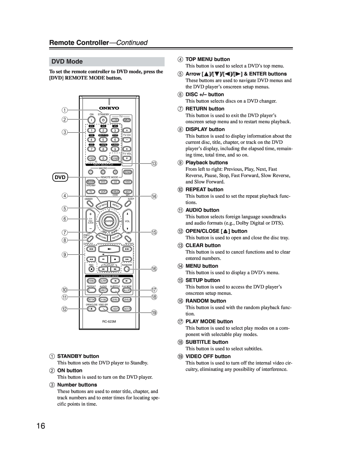 Onkyo TX-SR603X instruction manual DVD Mode, Remote Controller—Continued 