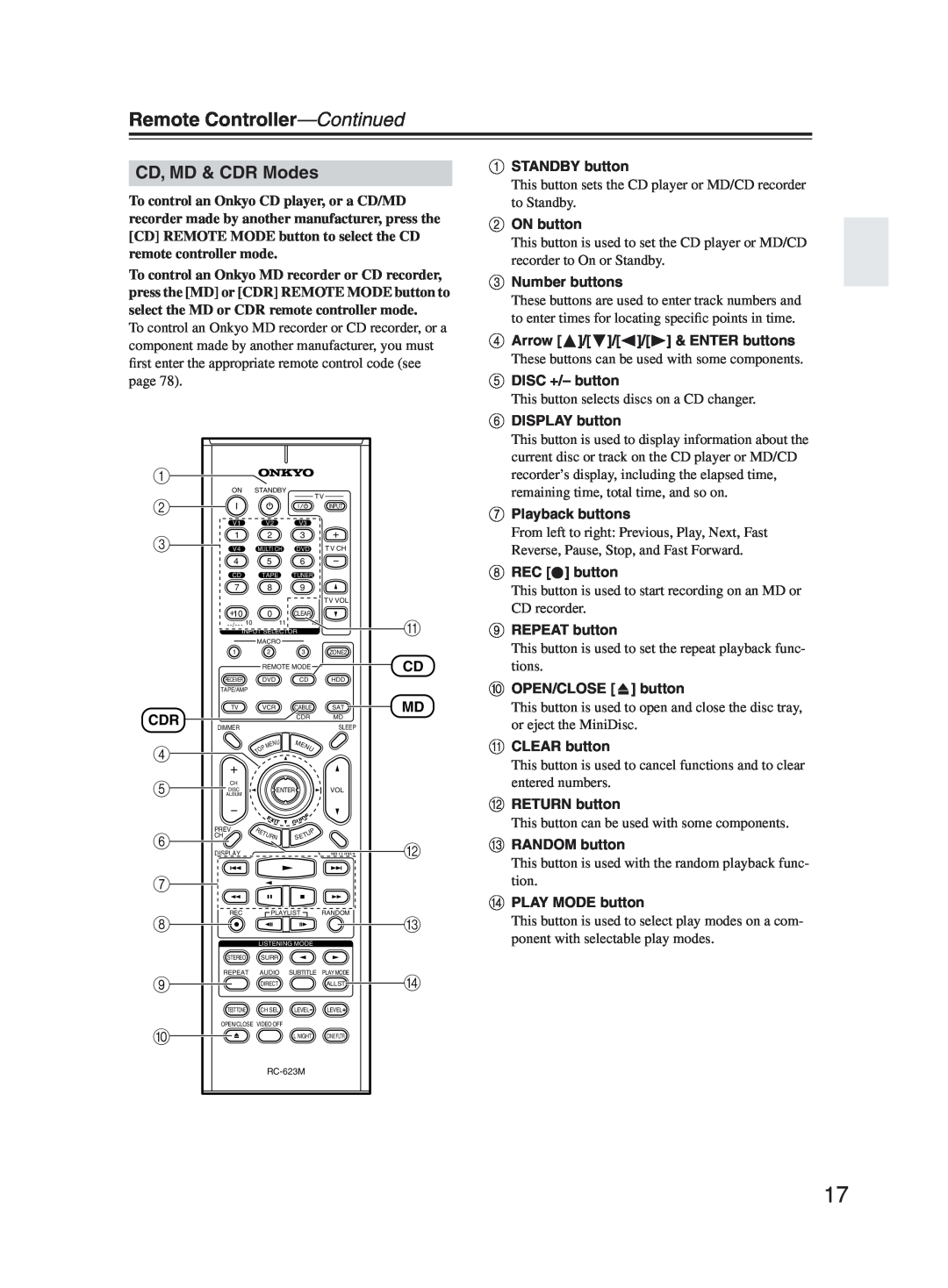 Onkyo TX-SR603X instruction manual CD, MD & CDR Modes, Remote Controller—Continued 
