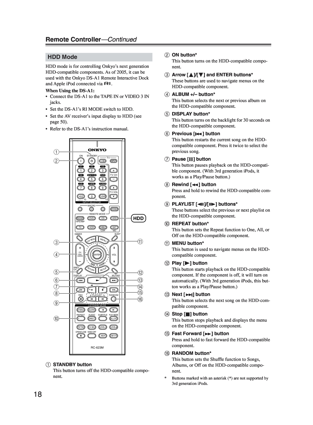 Onkyo TX-SR603X instruction manual HDD Mode, Remote Controller—Continued 