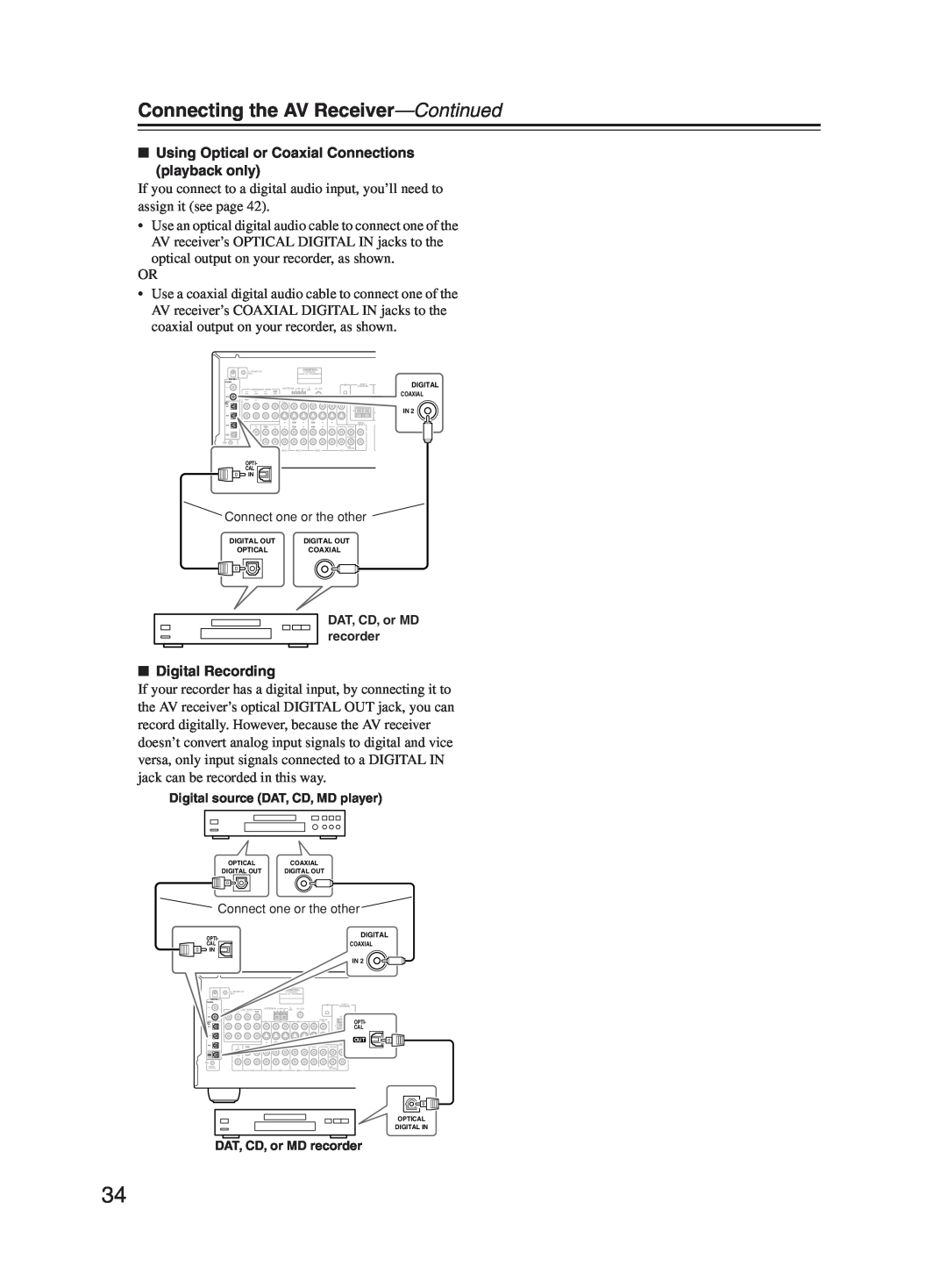 Onkyo TX-SR603X instruction manual Connecting the AV Receiver—Continued, Digital Recording 