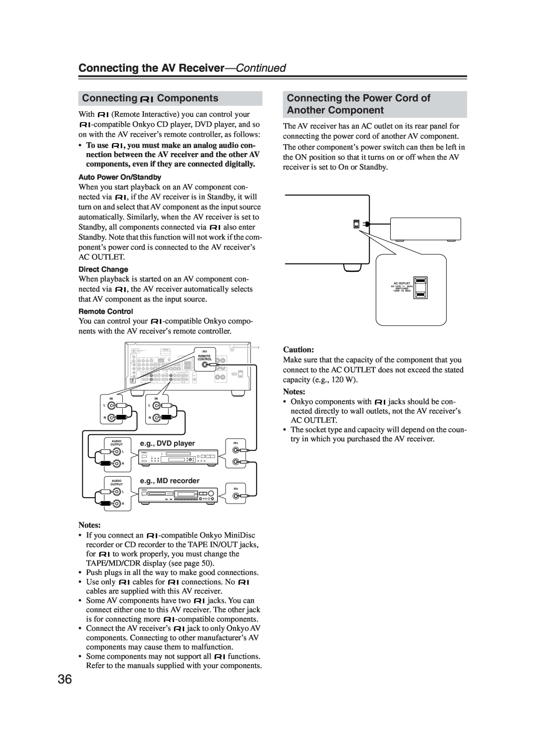 Onkyo TX-SR603X instruction manual Connecting Components, Connecting the Power Cord of Another Component, Notes 