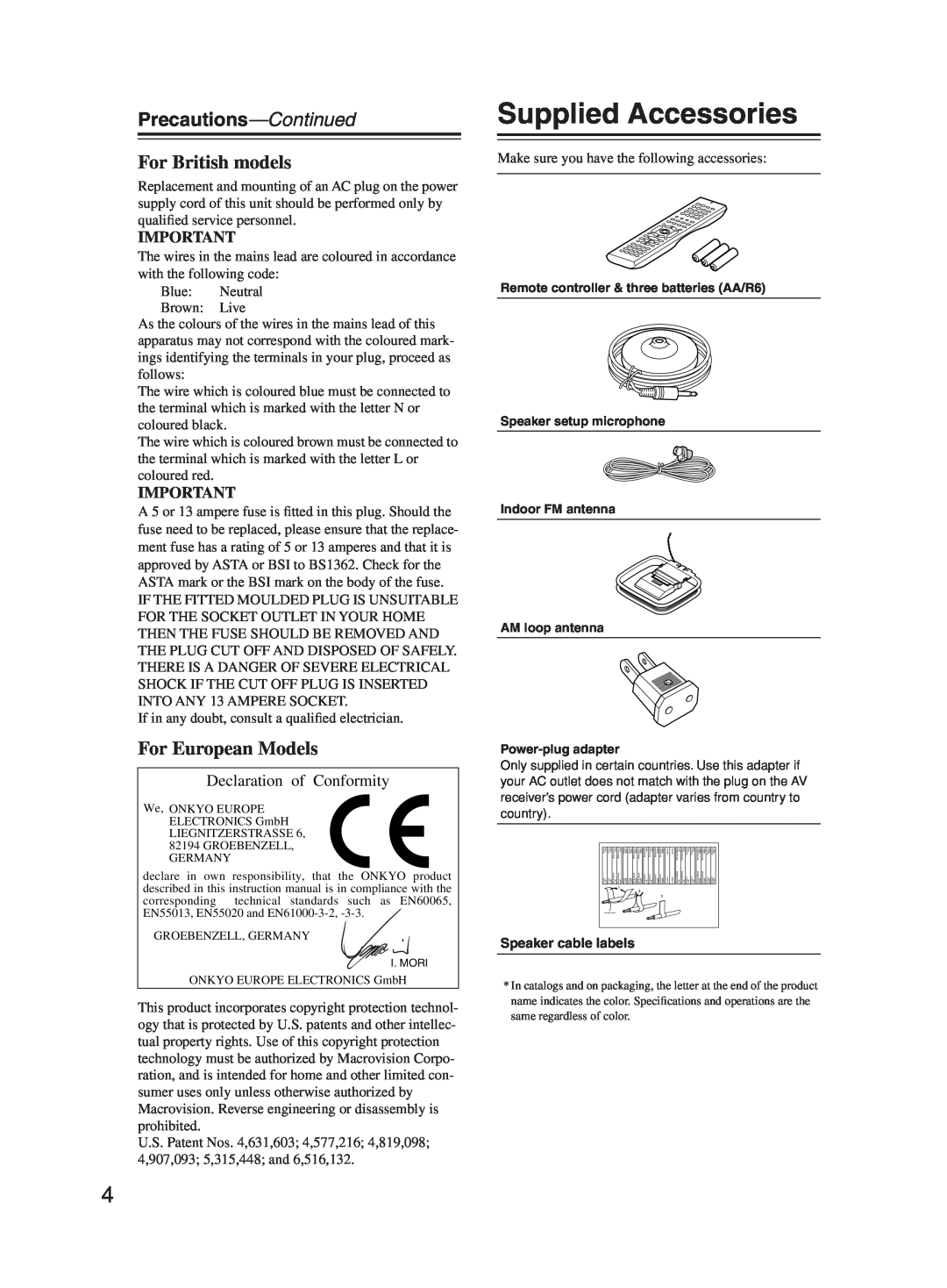 Onkyo TX-SR603X instruction manual Supplied Accessories, Precautions—Continued, For British models, For European Models 