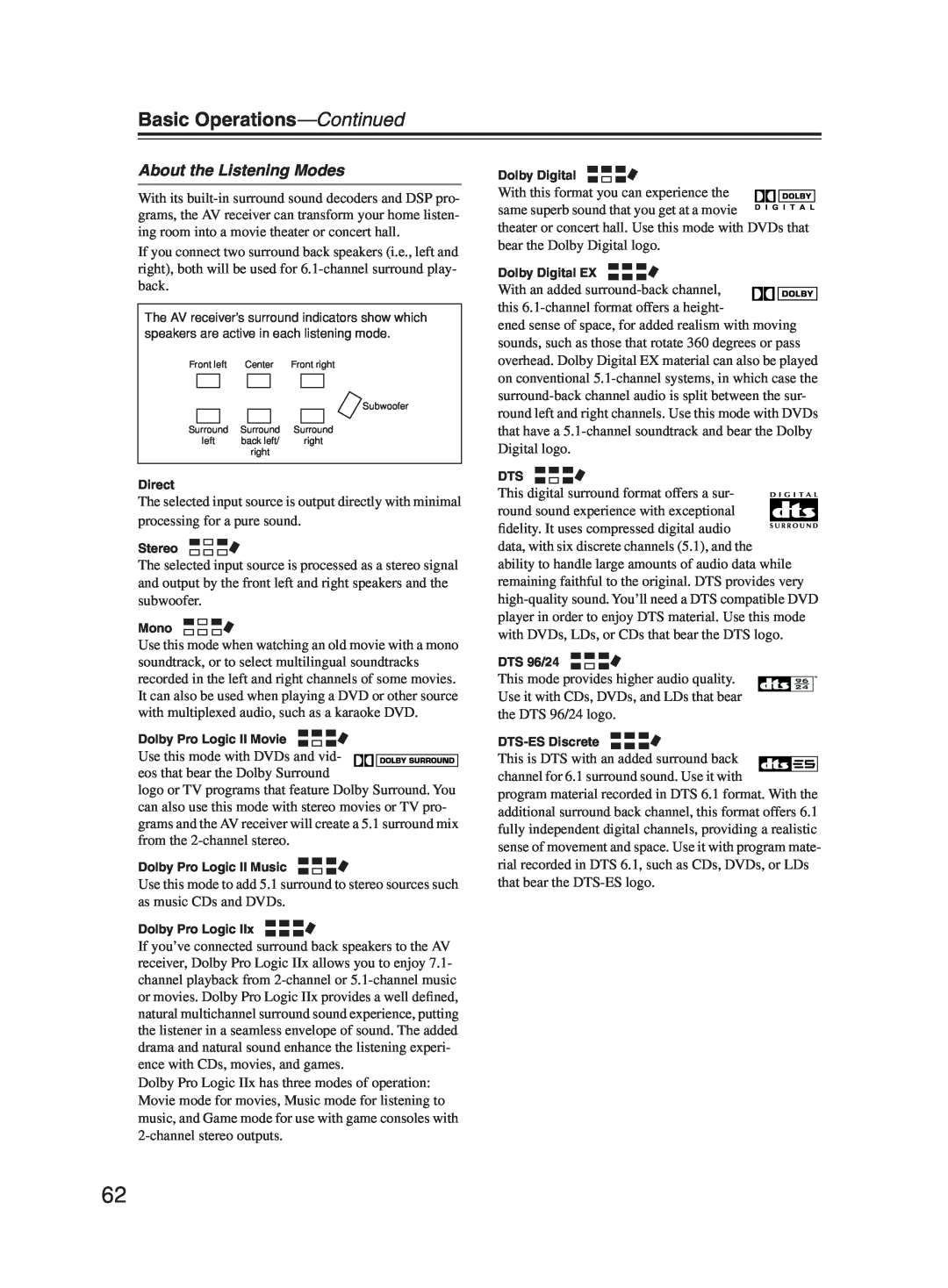 Onkyo TX-SR603X instruction manual About the Listening Modes, Basic Operations—Continued 
