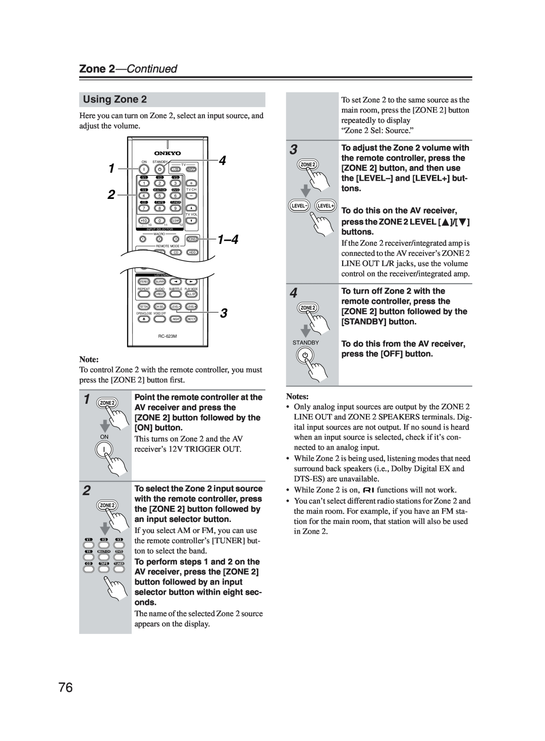 Onkyo TX-SR603X instruction manual Using Zone, Zone 2—Continued, Notes 